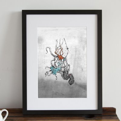 Alice and The Octopus Print  A4/A3 size, octopus art, fantasy art, comics print, occult art, horror print, giant squid, surreal poster